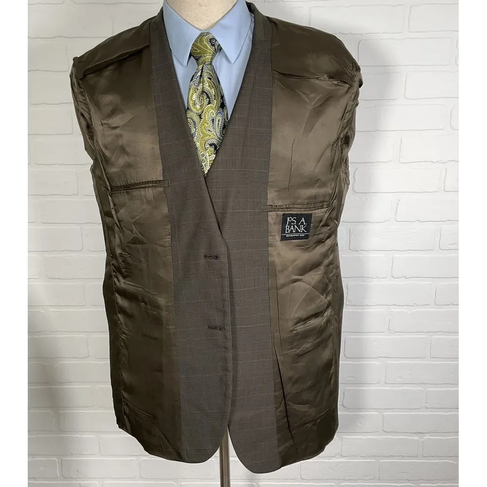 Jos. A‎ Bank Suit Men 43R 36W 28L Brown Plaid Wool Classic Fit Career Wool 2pc